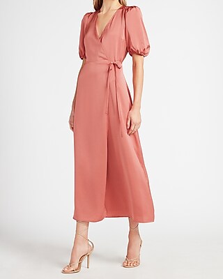 Satin Puff Sleeve Belted Wrap Maxi ...